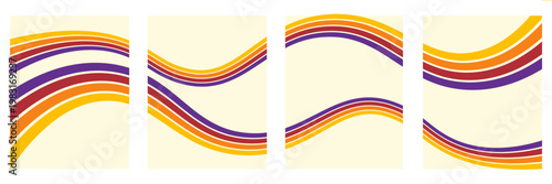 Abstract colorful 70s background vector. Vintage retro wallpaper with rainbow stripes and wavy lines. A 1970 color illustration suitable for posters, banners, decorative items and wall art.