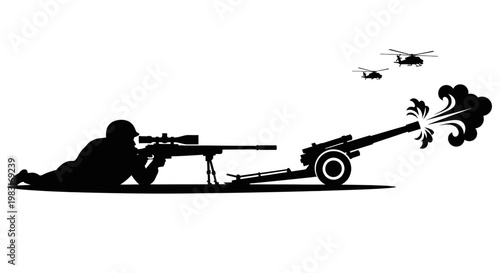 Silhouette of Soldier with Sniper Rifle and Artillery Cannon Firing, Helicopters Flying
