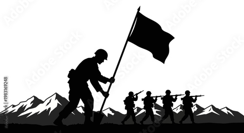 Silhouette of Soldiers Raising Flag on Mountain Top, Symbol of Victory and Teamwork