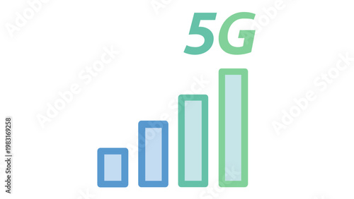 5G mobile network signal strength vector icon illustration featuring a gradient bar chart from blue to green, representing high-speed internet connectivity and wireless technology for communication.