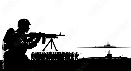 Silhouette of Soldiers and Submarines on a White Background