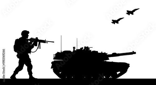 Silhouette of Soldier, Tank, and Fighter Jets in Combat Formation