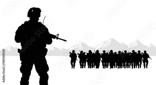 Silhouette Soldier Standing Guard Over Military Troop Formation in Snowy Mountains