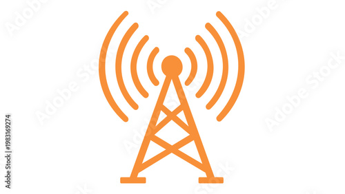 Vibrant purple and orange gradient vector icon illustration of a telecommunications tower emitting radio signal waves, symbolizing mobile network connectivity, wireless data, and 5G technology.