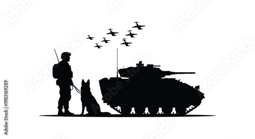 Silhouette soldier with dog and tank, fighter jets flying in formation