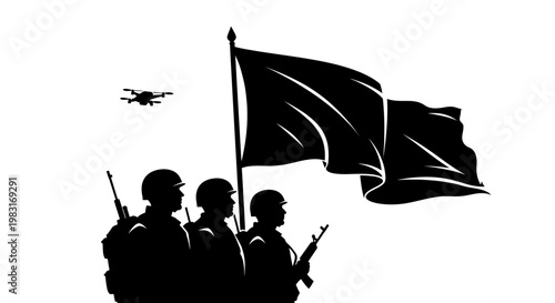 Silhouette of Soldiers with Drone and Flag, Military Surveillance and Patriotism