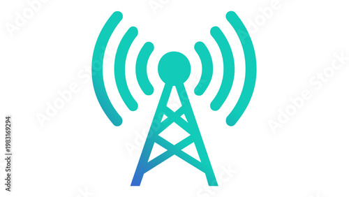 Modern blue gradient telecommunications tower vector icon illustration emitting radio waves for network connection, wireless signal, mobile data, internet connectivity, and broadcast technology.