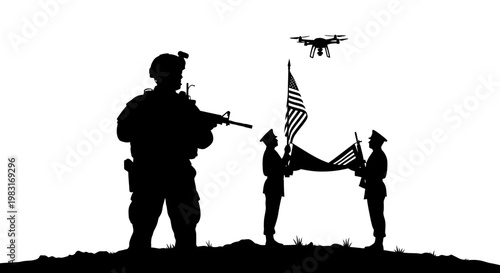 Silhouette Soldier, Drone, and American Flag Ceremony