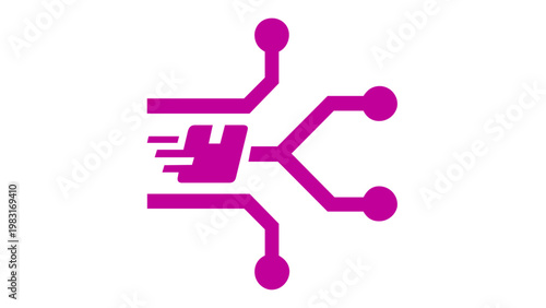 Fast digital logistics and smart delivery vector icon illustration with a speed-moving package integrated into a circuit network design, representing high-speed technology shipping solutions.