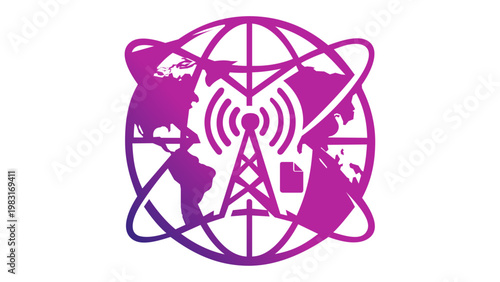 Global telecommunications and network routing vector icon illustration with a purple gradient radio tower emitting signals over a world map globe and orbital paths for connectivity concepts.