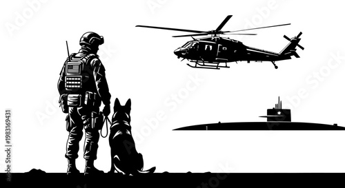 Soldier and Dog Watch Helicopter and Submarine, Military Vigilance
