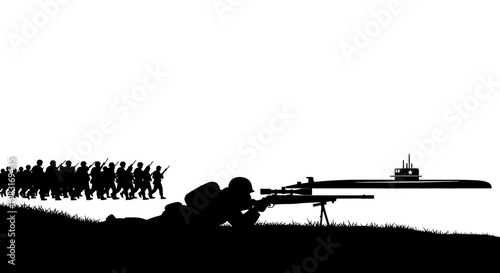 Soldier aiming sniper rifle at marching soldiers and submarine, silhouette on grass
