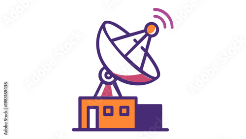 Minimalist flat vector illustration of a satellite dish antenna on a communication station building, transmitting wireless signals for global telecommunications and broadcasting services.