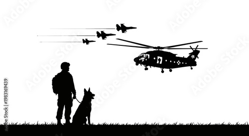 Soldier and Dog Watch Military Jets and Helicopter Formation in Sky