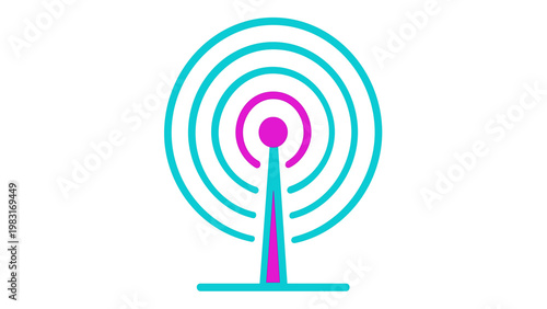 Minimalist vector illustration of a telecommunications antenna tower emitting circular radio waves. Flat icon design in cyan and magenta representing wireless signal, connectivity, and technology.