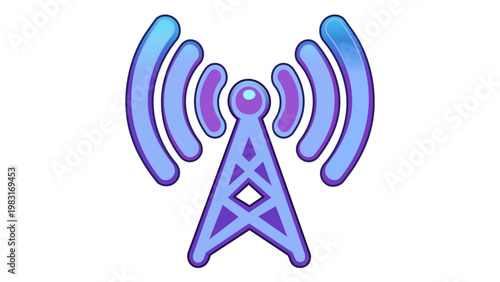 Modern blue gradient telecommunications tower vector icon illustration featuring a wireless signal antenna emitting radio waves for network connectivity, broadcast, and mobile communication.