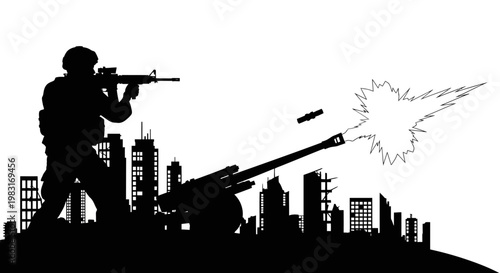 Soldier firing artillery gun in urban warfare silhouette, city skyline background