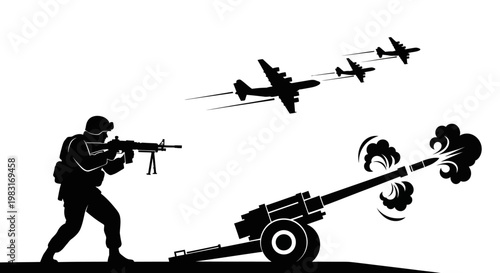 Soldier firing cannon with fighter jets flying overhead, military conflict, war scene silhouette
