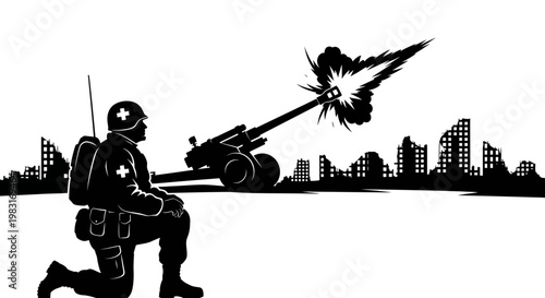 Soldier firing artillery in war-torn city, silhouette, destruction, conflict, military action