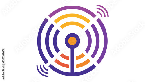 Vibrant vector icon illustration of a wireless Wi-Fi signal antenna with concentric circular radio waves in purple and orange gradients, representing telecommunications and internet connectivity.