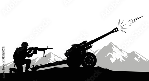 Soldier firing artillery gun with machine gun and mountains background, military concept
