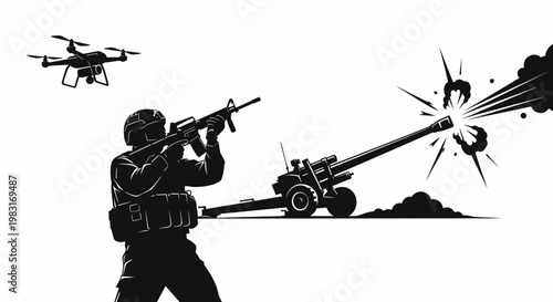 Soldier firing rifle, artillery gun firing, and drone flying in silhouette, representing modern warfare and technology.