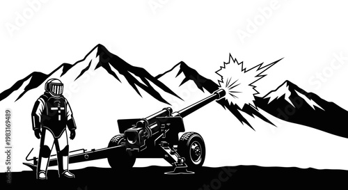 Soldier in Hazmat Suit Fires Artillery Cannon in Mountainous Terrain