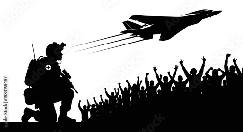 Soldier Kneeling, Jet Flying Over Cheering Crowd Silhouette, Military Support