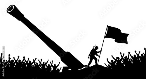 Soldier with Flag on Cannon, Victory Celebration, Crowd Cheering