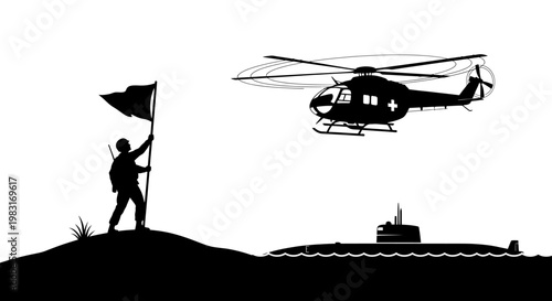 Soldier with Flag on Hill, Helicopter, and Submarine - Military Operations Silhouette