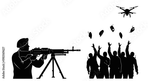 Soldier with Machine Gun Aims at Drone Dropping Bombs on Crowd