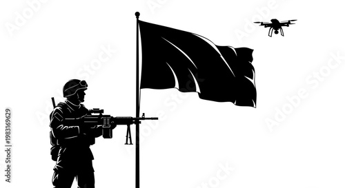 Soldier with Machine Gun and Drone, Silhouette of Military Personnel and UAV Flying