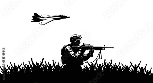 Soldier with rifle and fighter jet above cheering crowd, silhouette, war, patriotism, freedom concept