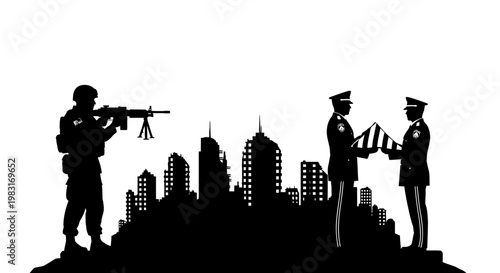 Soldier with Rifle and Flag Folding Ceremony Silhouette over City Skyline