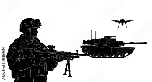 Soldier with Machine Gun, Tank, and Drone - Modern Warfare and Surveillance Concept