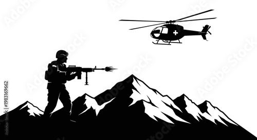 Soldier with Machine Gun on Mountain, Helicopter in Sky - Military Action Scene