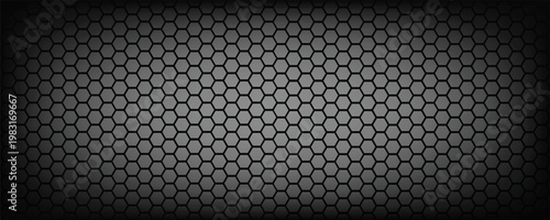 Black seamless hexagon pattern. Repeating honeycomb texture background. Geometric hexagonal halftone tech overlay backdrop. Abstract repeated hex texture. Vector retro technology dot wallpaper