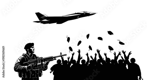 Soldier with Rifle Watches Jet and Crowd Throwing Objects