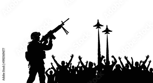 Soldier with Rifle and Jets Flying Over Cheering Crowd Silhouette
