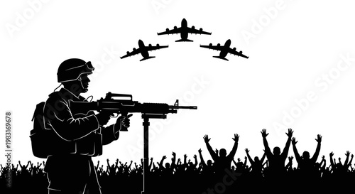 Soldier with rifle and planes overhead, crowd cheering below, military operation, victory celebration