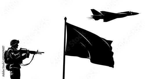 Soldier with Rifle, Waving Flag, and Fighter Jet Silhouette