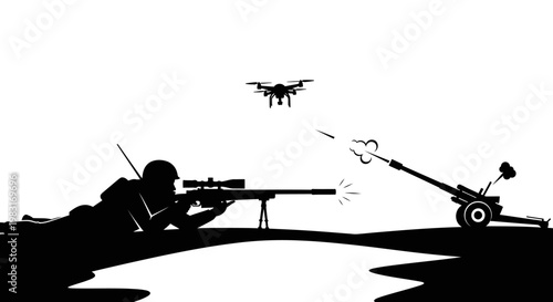 Soldier with sniper rifle and drone observes artillery firing, modern warfare concept