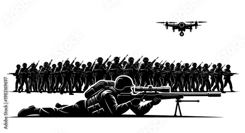 Soldier with sniper rifle and drone, army formation in background, modern warfare concept