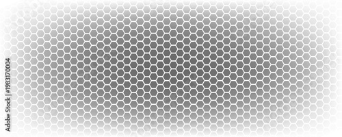 Black seamless hexagon pattern. Repeating honeycomb texture background. Geometric hexagonal halftone tech overlay backdrop. Abstract repeated hex halftone. Vector retro technology dot texure wallpaper