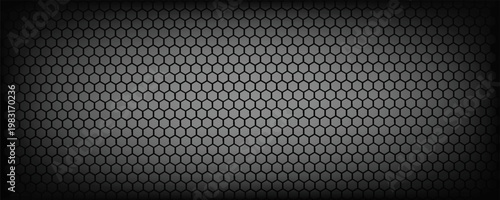 Black seamless hexagon pattern. Repeating honeycomb texture background. Geometric hexagonal halftone tech overlay backdrop. Abstract repeated hex halftone. Vector retro technology dot texure wallpaper