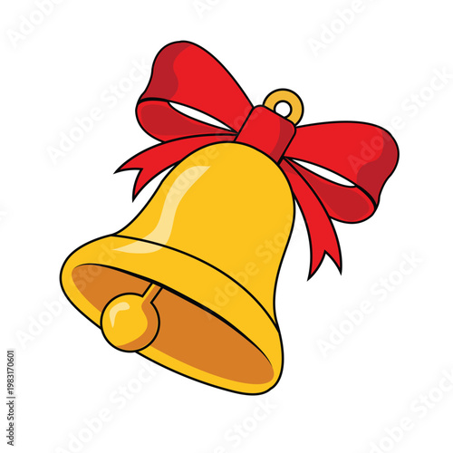 Golden Christmas Bell with Red Bow Vector Illustration