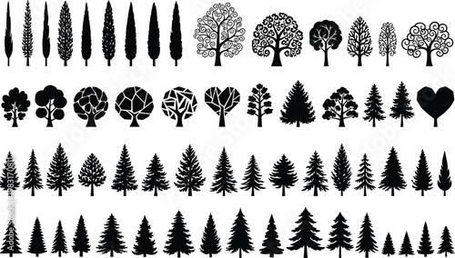 Black Silhouette Set of Diverse Tree Shapes Including Pine Cypress Fir Oak and Artistic Geometric Trees for Nature Landscapes Forest Environment and Outdoor Projects