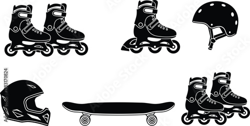 Black Silhouette Set of Extreme Sports Equipment Including Inline Skates Roller Blades Skateboard Safety Helmets and Protective Gear for Urban Skating and Athletic Activities