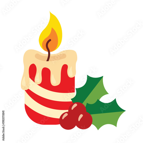 Christmas Candle with Holly Berries Festive Vector Illustration