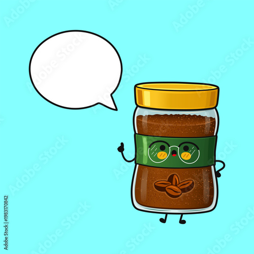 Cute instant coffee jar mascot explaining with speech bubble